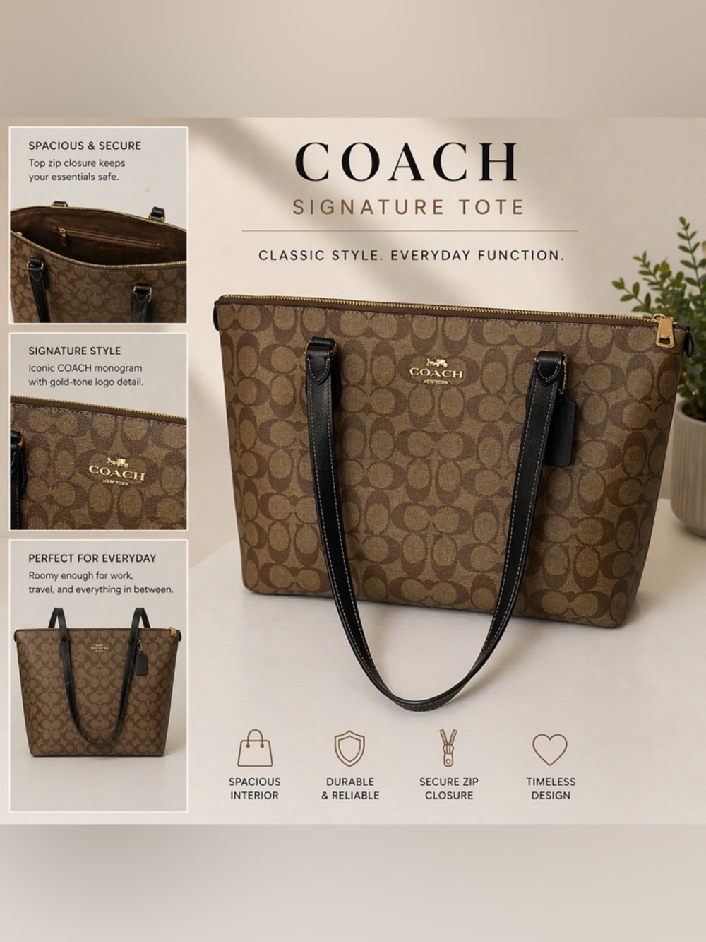 Coach Khaki/Brown Signature Tote with Black Handles